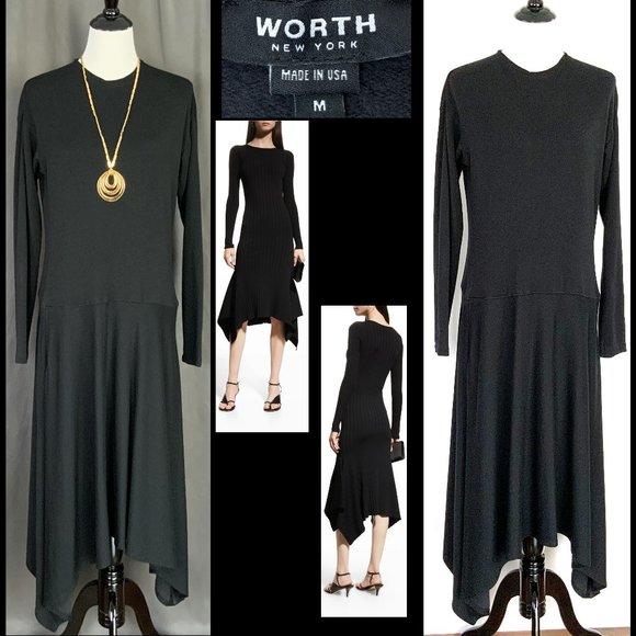 Worth New York Black Midi Dress Long Sleeve Handkerchif Hew Sz M